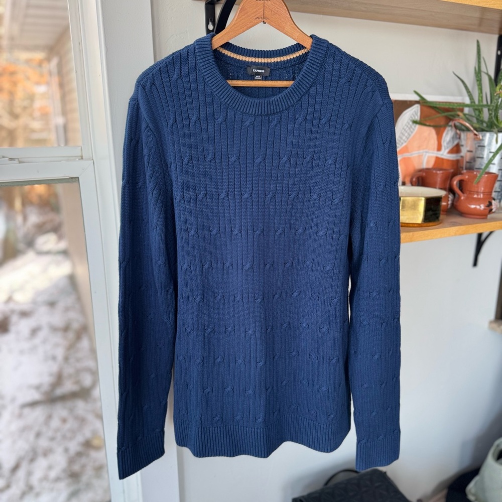 Express Navy Blue Crewneck Cableknit Cotton Sweater Size Large